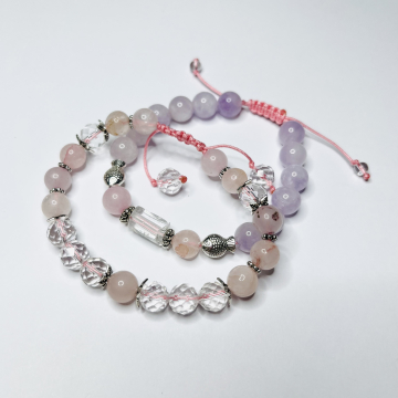 Парные браслеты женские: (горный хрусталь+розовый кварц+аметист лаванда)